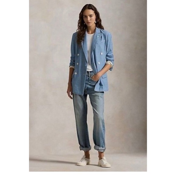 Polo Ralph Lauren Women Chambray Blue Double Breasted Blazer Jacket Size 14